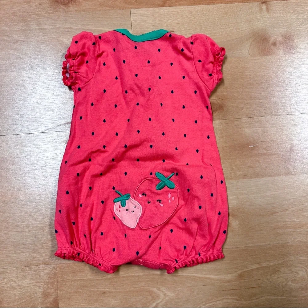 Carters Coral Black & Green Strawberry Bubble Romper Baby Girl Size 6M